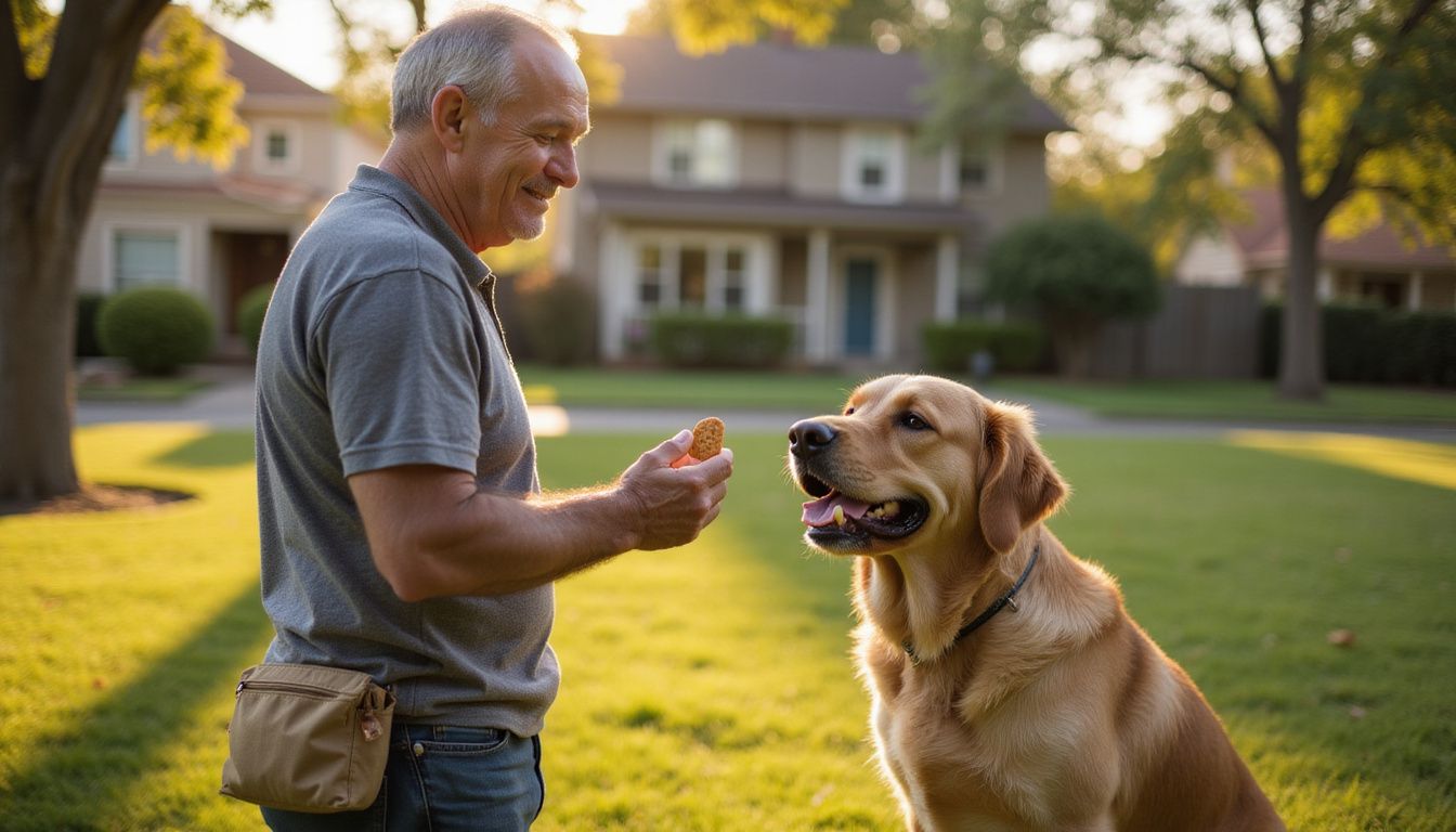 A man shares a training treat with a attentive golden retriever.