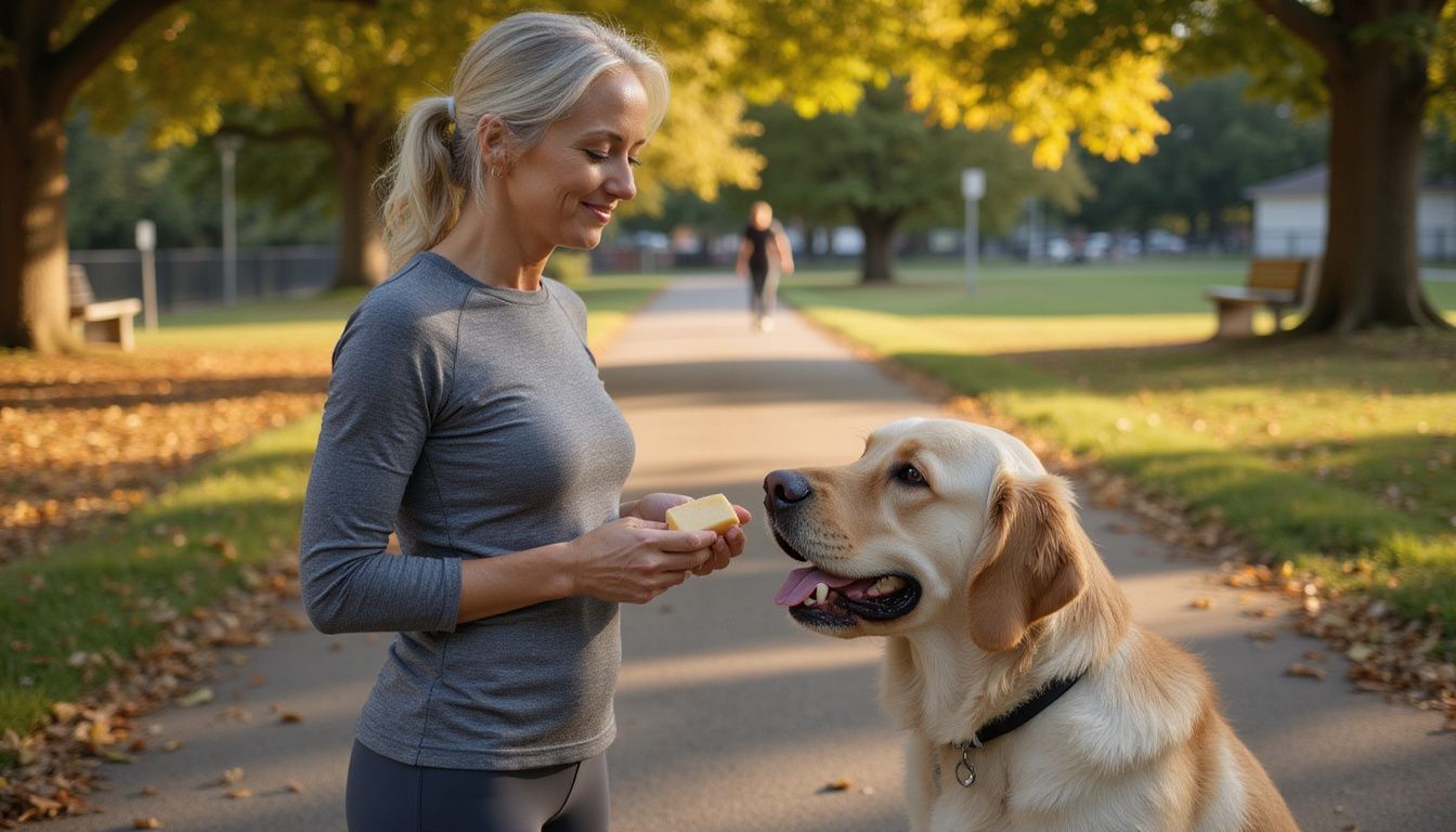 A woman encourages her golden retriever with a cube of cheese.