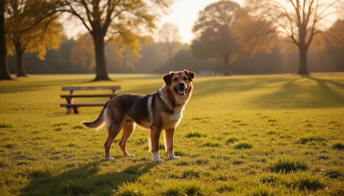 A mixed breed dog stands attentively in a grassy park.