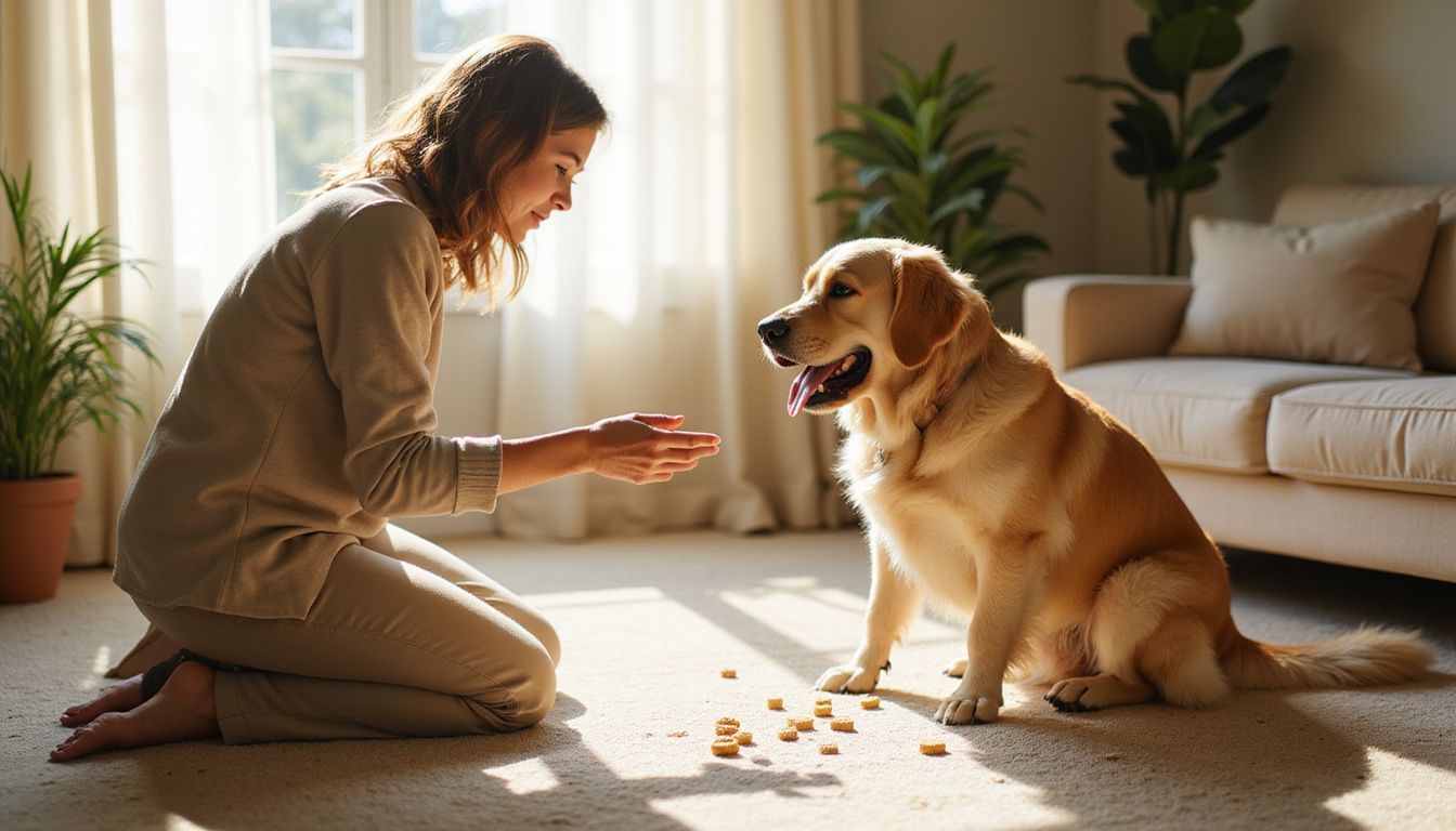 A woman kneels training her golden retriever on a carpet.