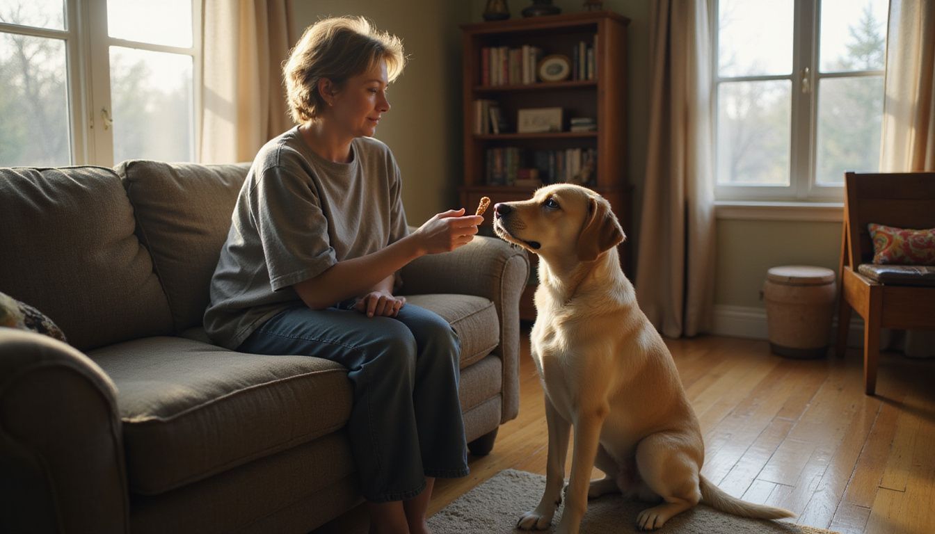 A person shares a treat with their attentive dog on a couch.