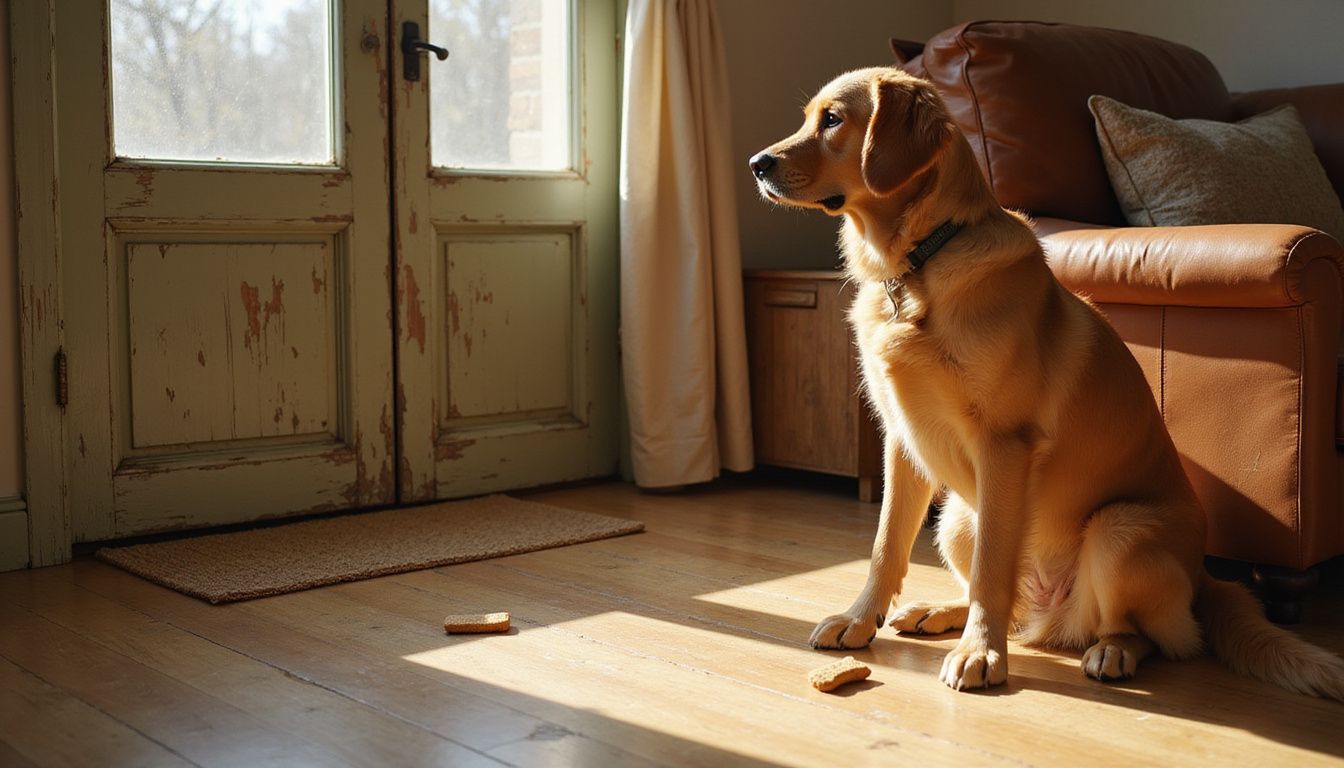 A golden retriever attentively watches a weathered front door.