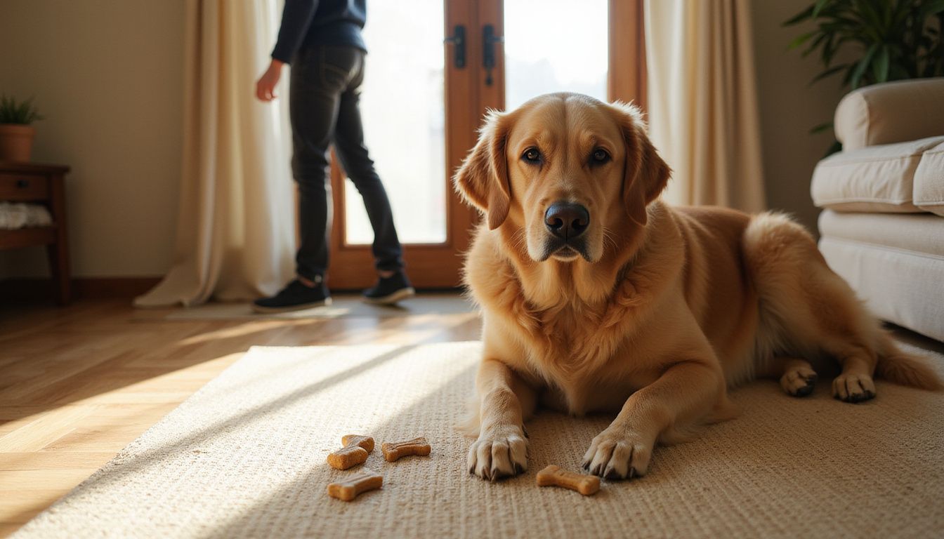 A golden retriever eagerly watches milk-bone treats on a mat.