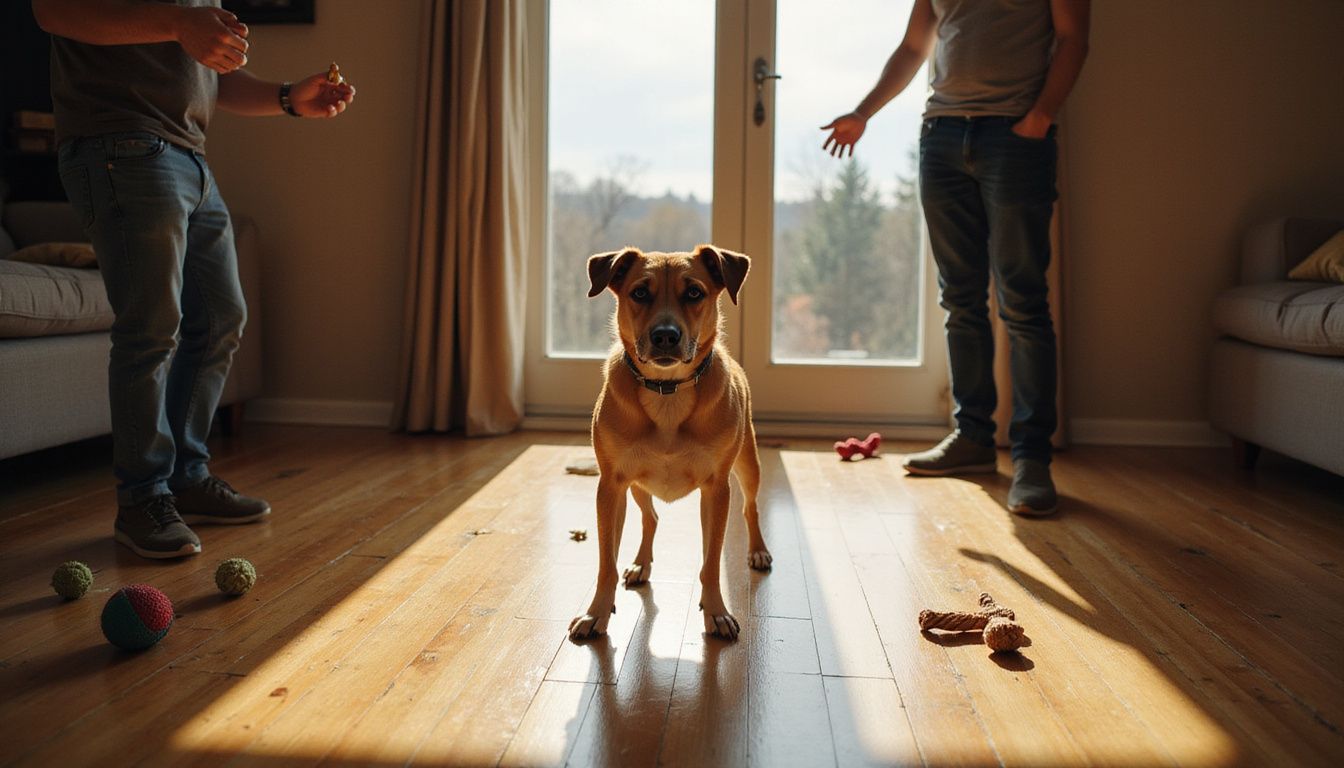 A confused dog receives mixed signals from two adults.