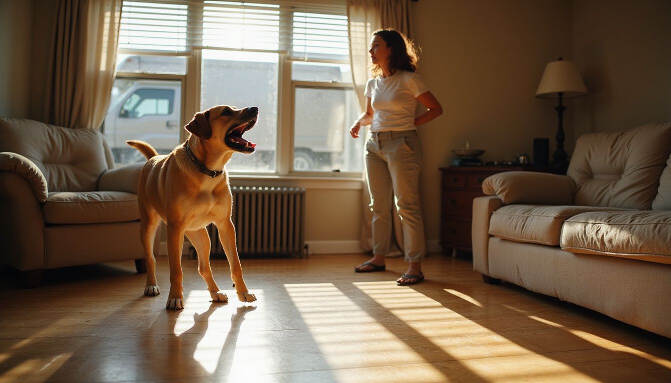 A distressed dog barks at a passing delivery truck.