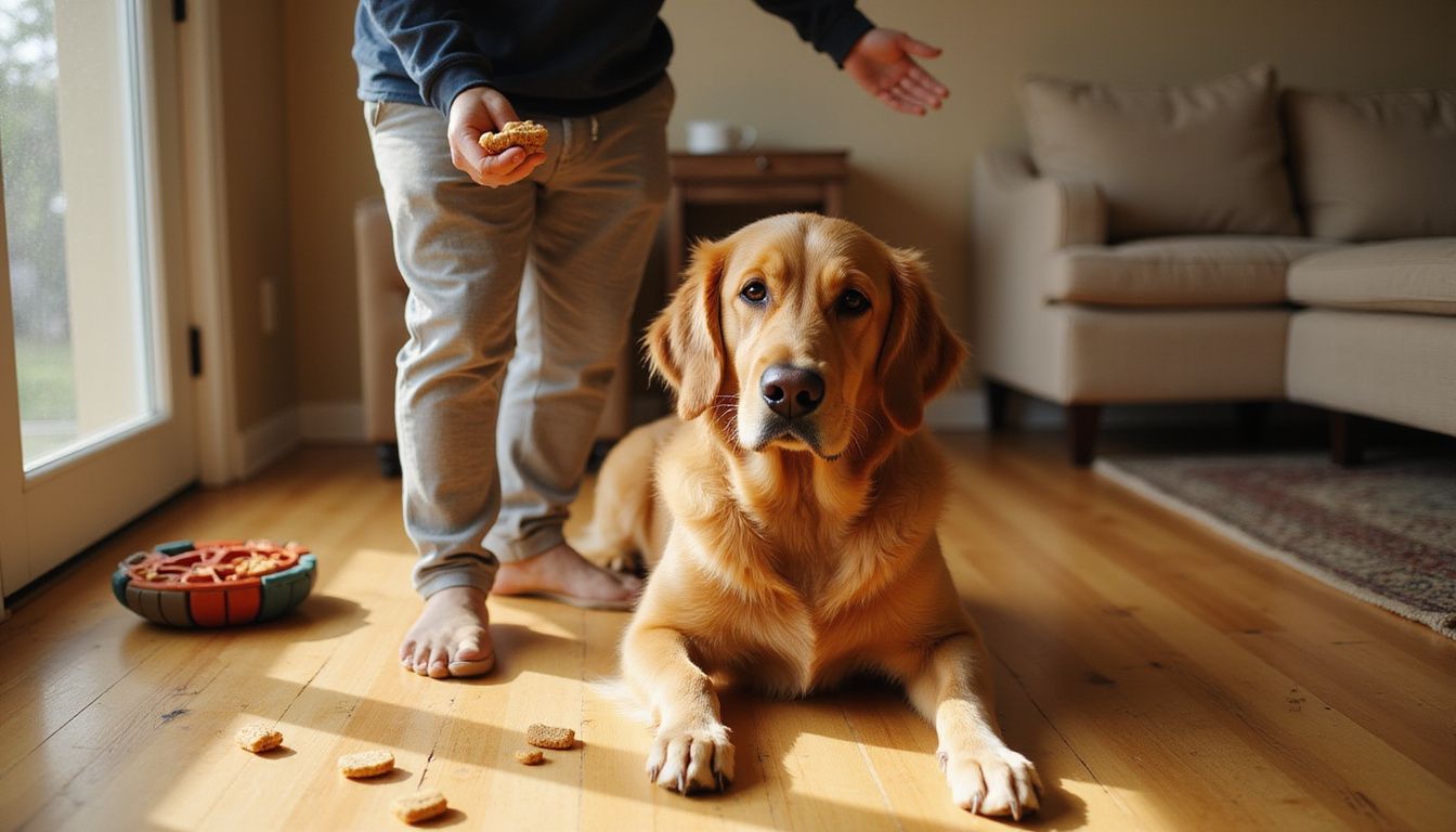 A Golden Retriever sits patiently as its owner offers a treat.