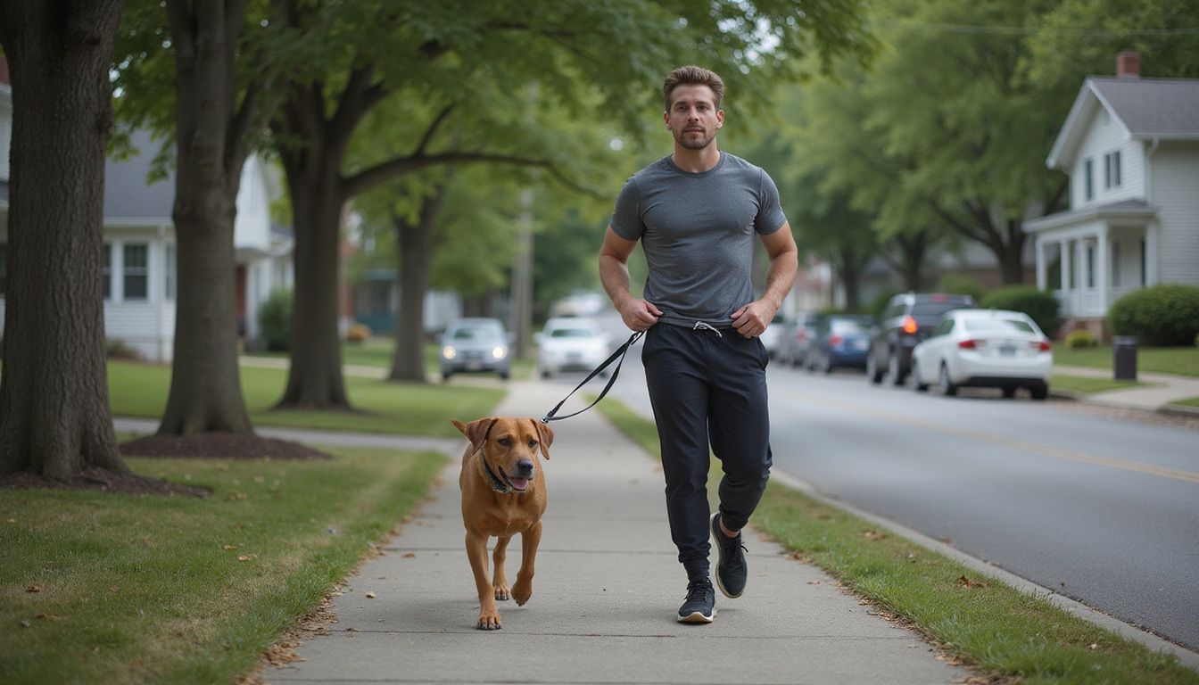 A man briskly walks with his relaxed dog on a residential sidewalk.
