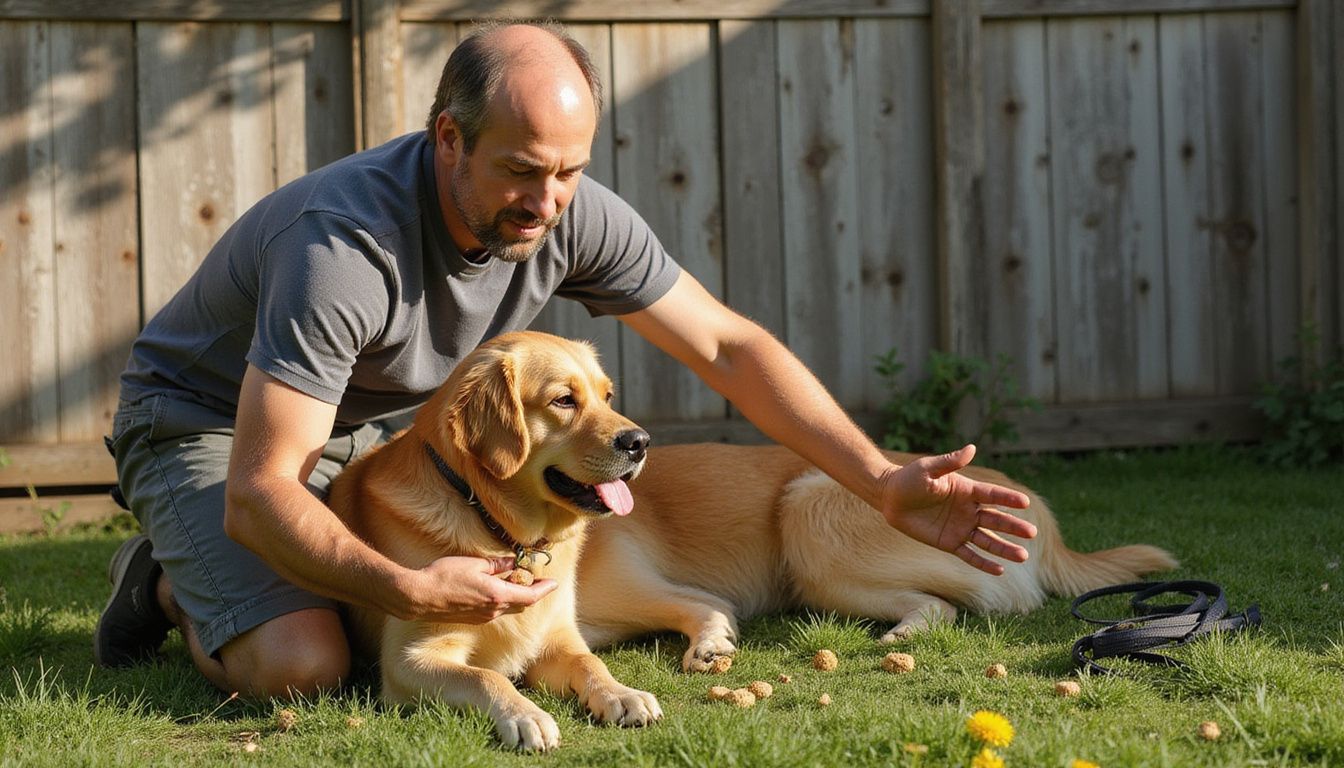 A man trains his attentive golden retriever in a backyard.