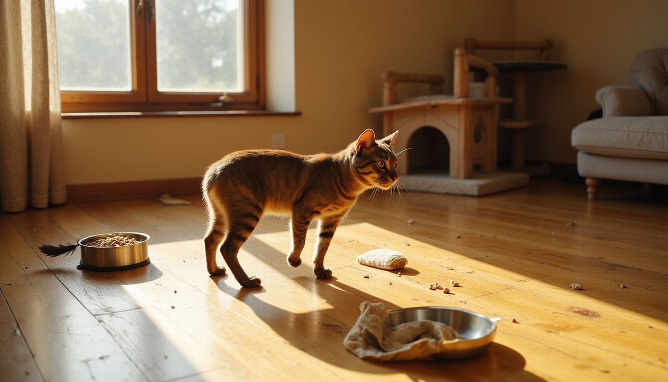 A muscular cat stands alert on hardwood flooring, surrounded by toys and a multi-tiered climbing structure.