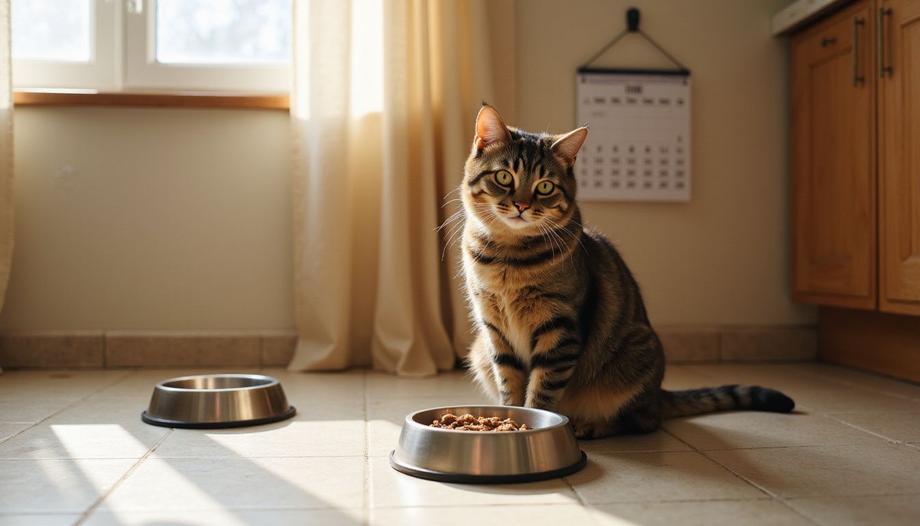 A relaxed tabby cat sits beside an empty bowl, attentively eyeing its kibble-filled food bowl in a kitchen.