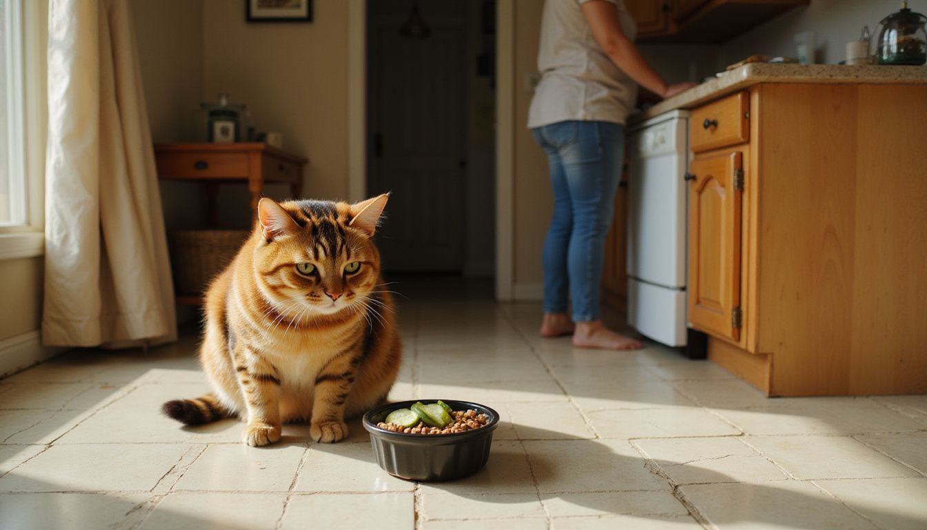 A plump tabby cat sits alert on worn kitchen tiles, eyeing a food bowl with kibble and cucumber slices.