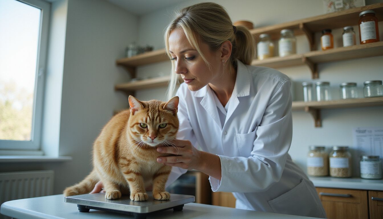 A middle-aged woman in a medical coat weighs an overweight orange tabby cat during a routine veterinary appointment.