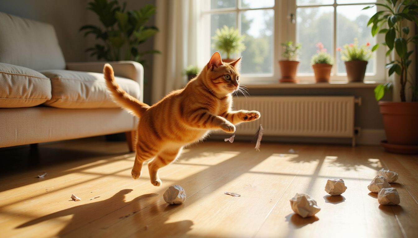 An orange tabby cat leaps toward a feather toy in a sunlit living room, surrounded by playful distractions.