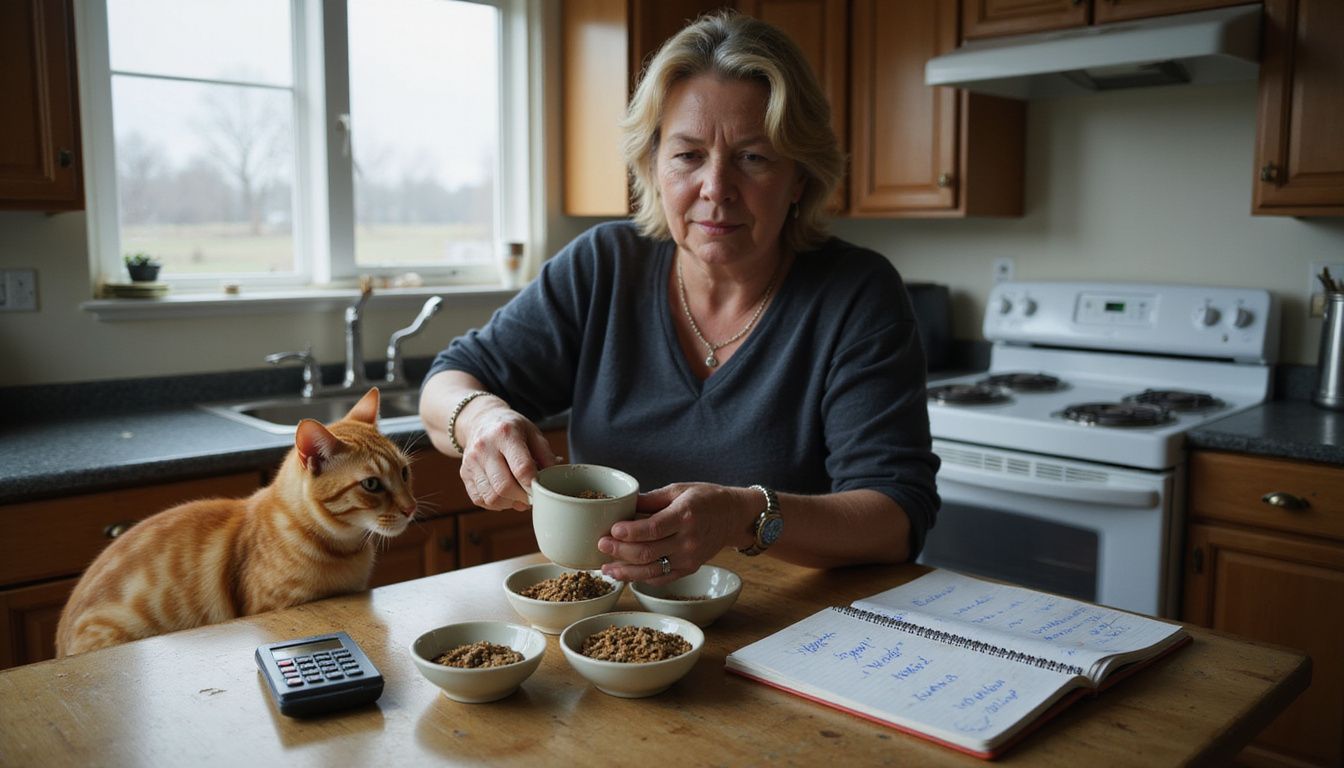 A middle-aged woman meticulously measures cat food at a worn kitchen table while an orange tabby observes her.