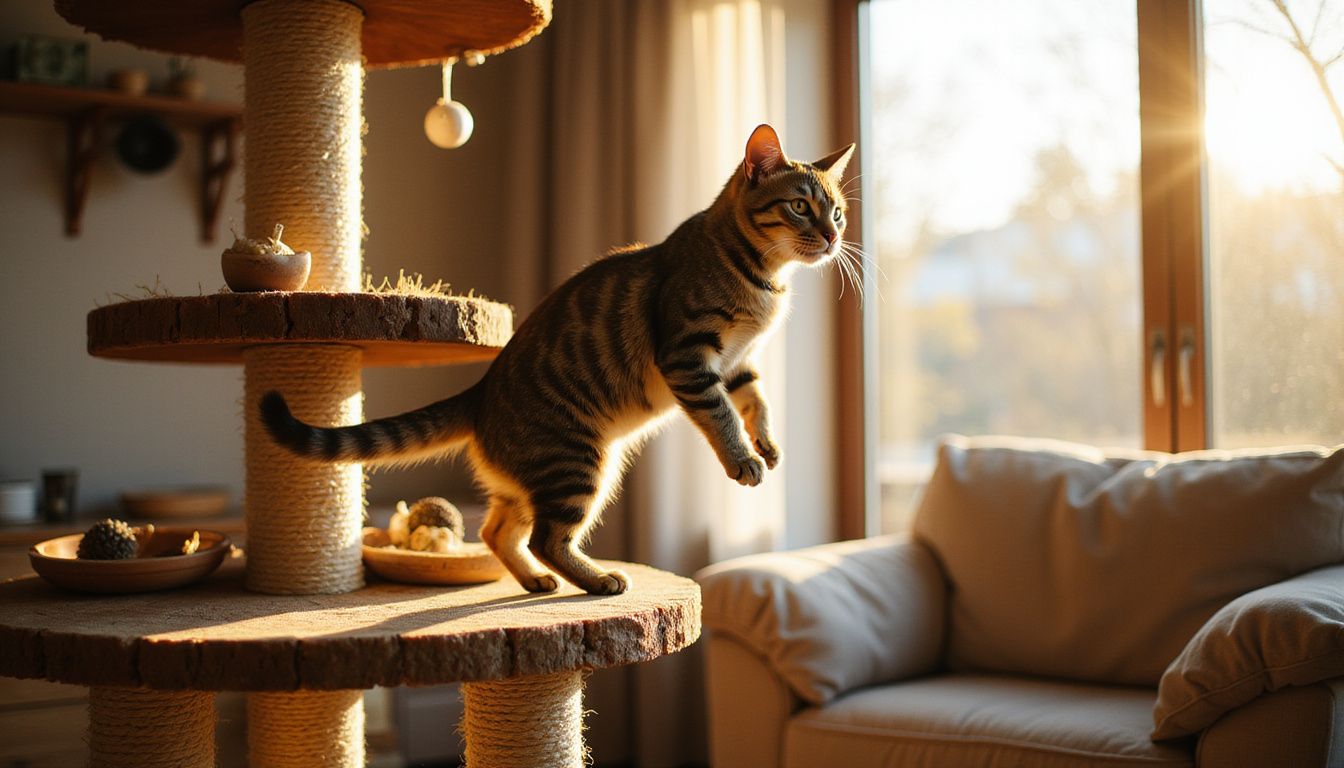 A tabby cat leaps between platforms on a multi-tiered cat tree, reaching for a dangling feather toy.