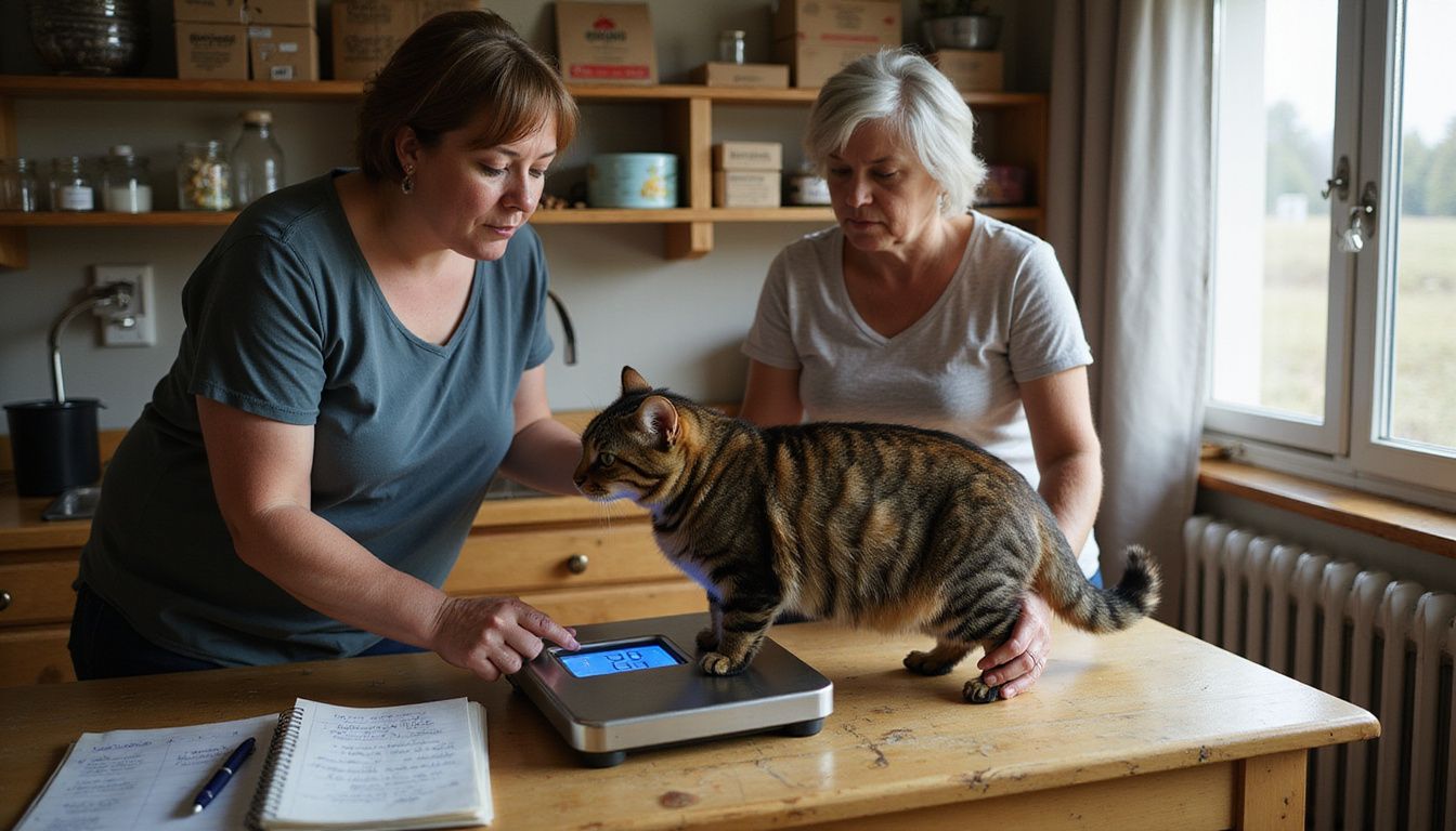 A focused woman weighs her stocky tabby cat in a modest veterinary clinic, surrounded by pet care materials.