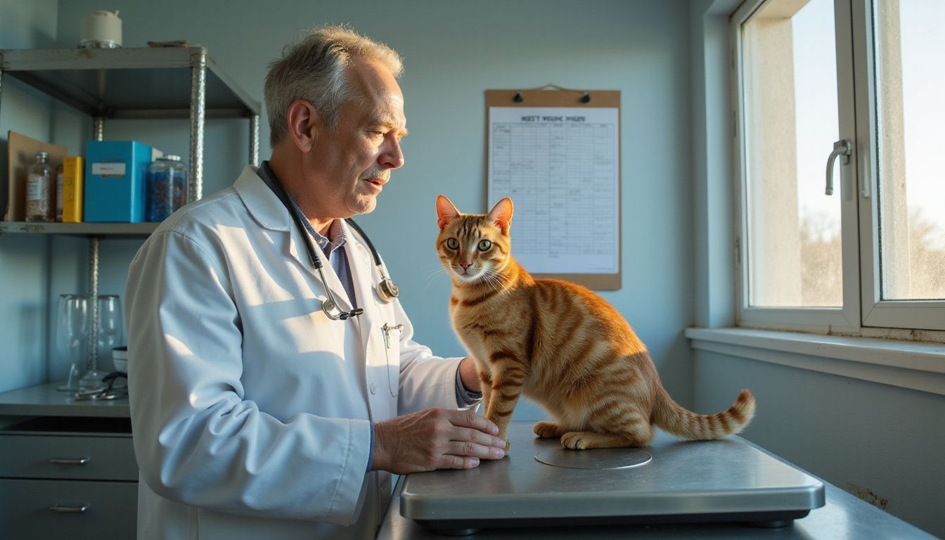 A middle-aged veterinarian assesses an orange tabby cat's weight on a digital scale in a well-used veterinary clinic.