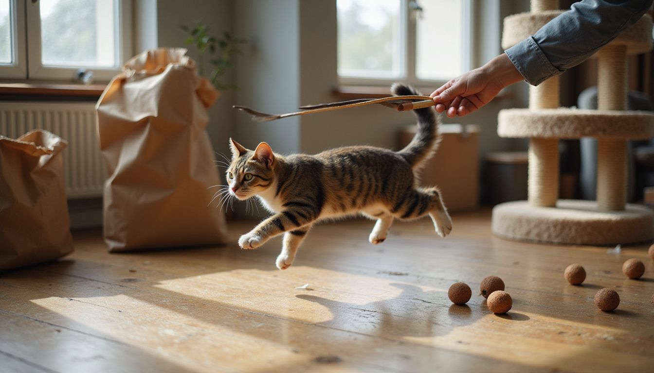 A dynamic tabby cat pounces on a feather wand toy, while a person holds it steady in a cozy living room.