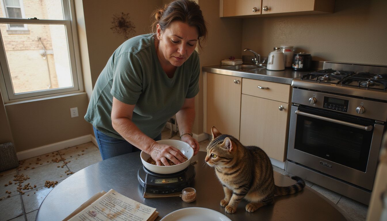 A middle-aged woman carefully measures pet food in her modest kitchen while a curious tabby cat observes.