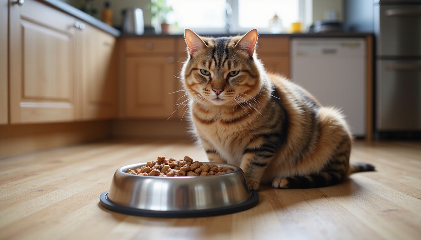 A plump tabby cat sits on a wooden floor beside a stainless steel bowl filled with wet food and kibble.