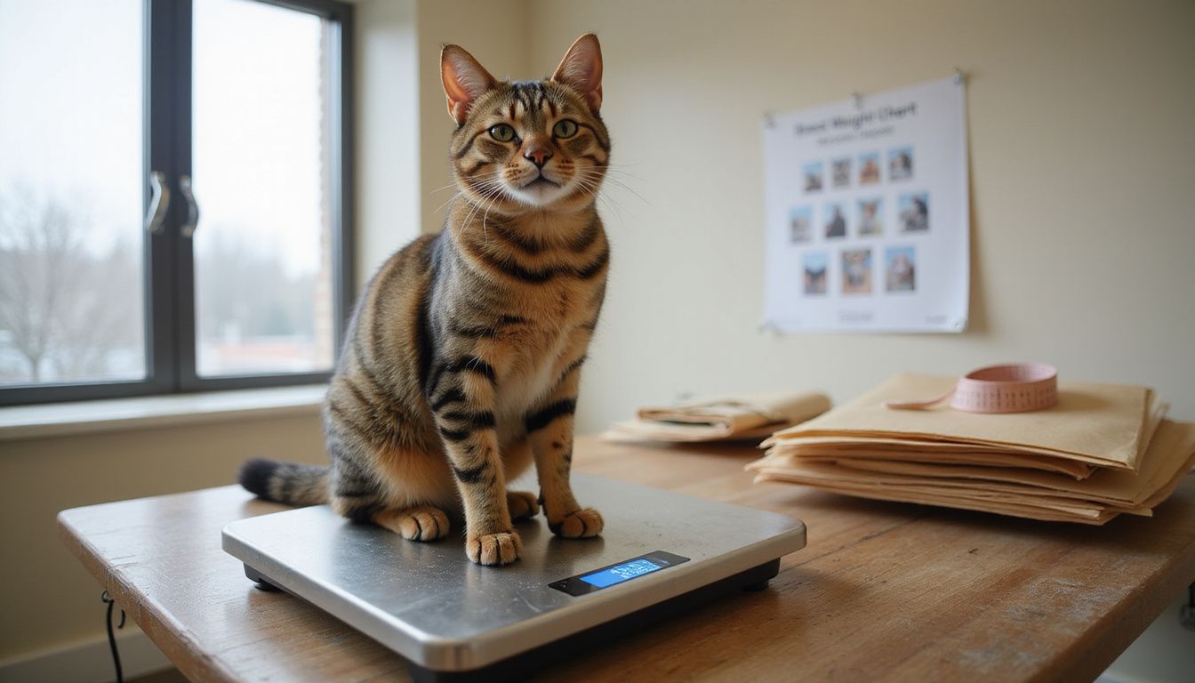 A tabby cat sits calmly on a veterinary scale, with a weight chart and an examination table in the background.