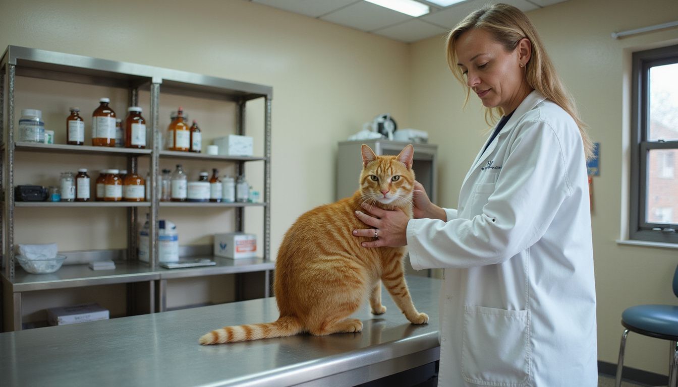 A veterinarian examines an anxious obese orange tabby cat on a stainless steel table in a veterinary office.