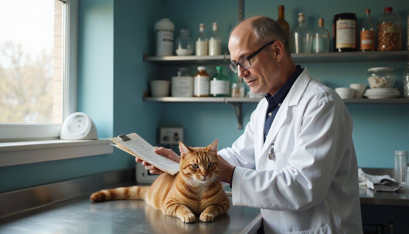 A focused veterinarian examines a tabby cat on an examination table while holding a clipboard of medical documentation.