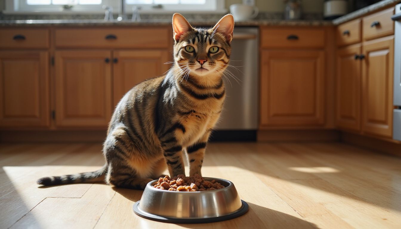 A lean tabby cat sits alert beside a bowl of glistening wet cat food on a light oak floor.