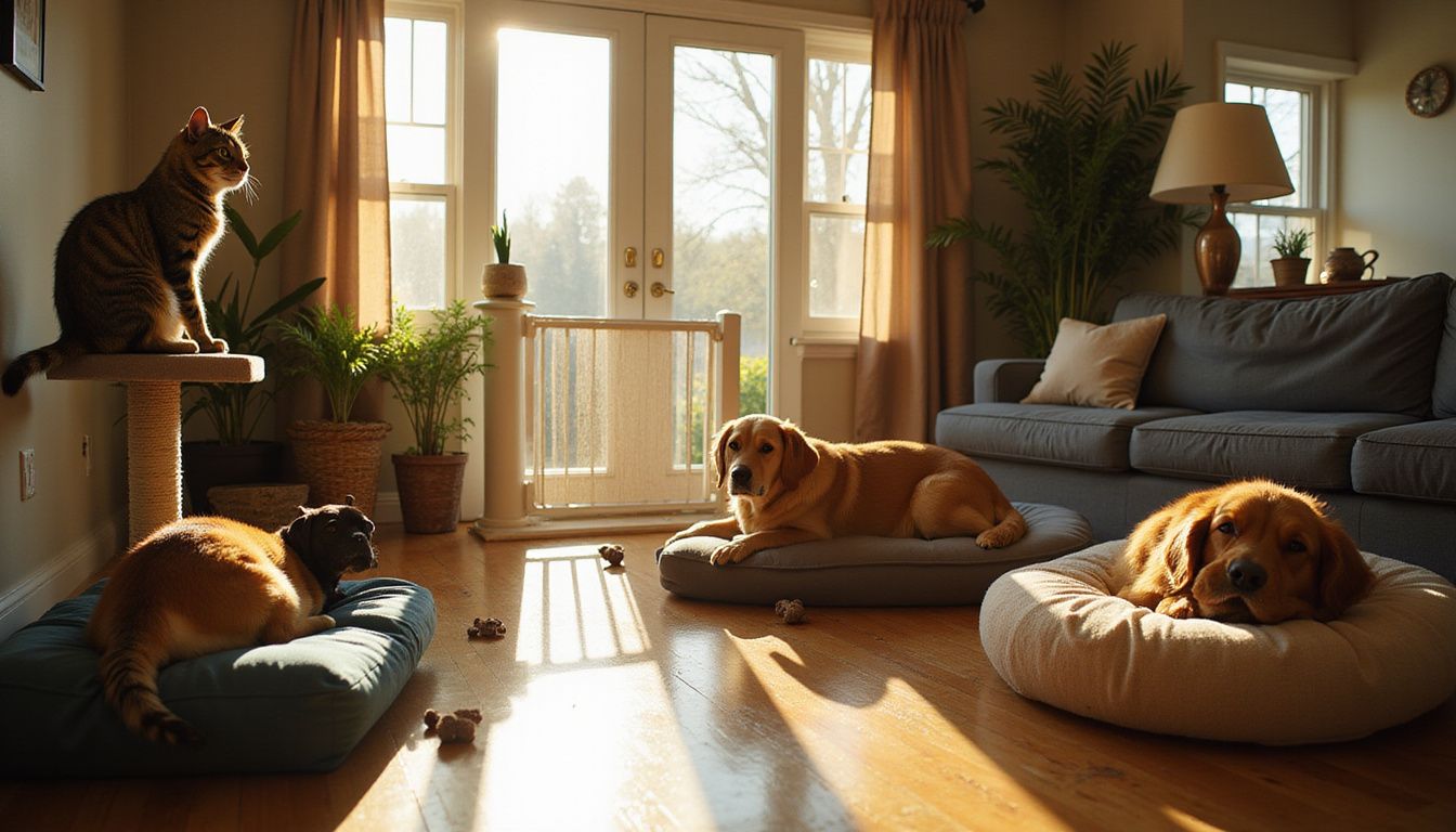 A cozy living room features multiple pets resting peacefully in their designated areas, showcasing a warm and inviting atmosphere.