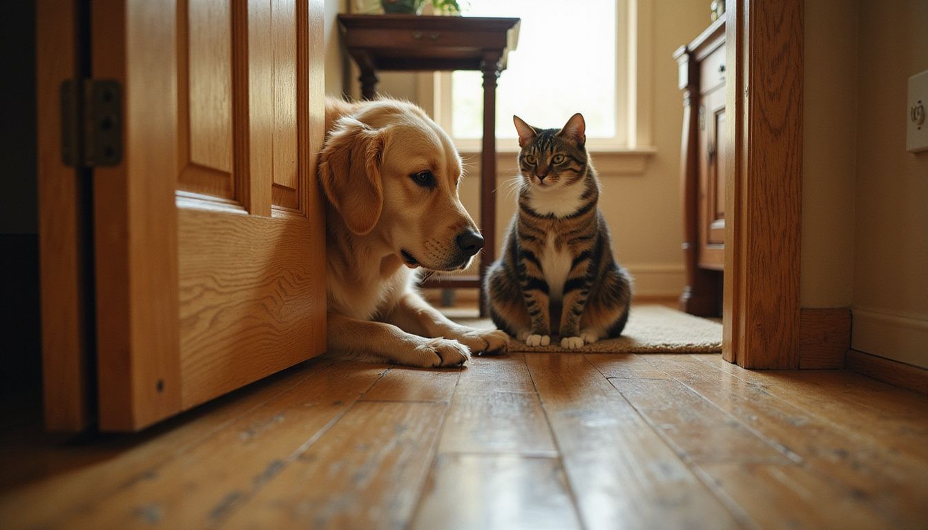 A golden retriever noses under a door while a tabby cat watches intently, capturing their curious interaction.