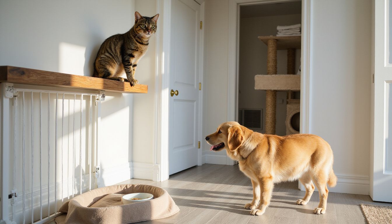 A brown tabby cat perches on a shelf while a golden retriever watches attentively in a pet-friendly living room.