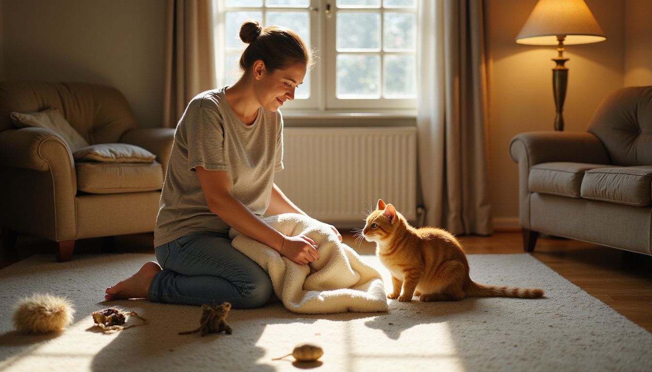A woman kneels on a carpet with an orange tabby cat, holding a soft blanket in a cozy living room.