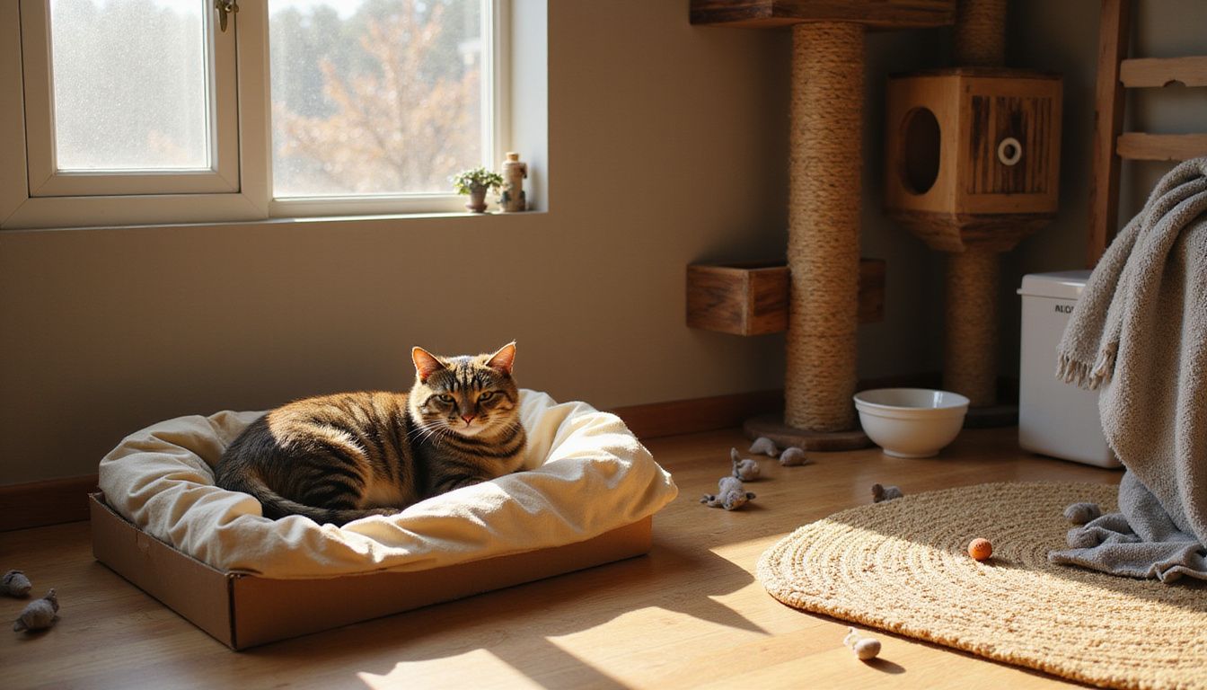 A brown tabby cat relaxes in a cozy cardboard box within a thoughtfully arranged cat-friendly room.