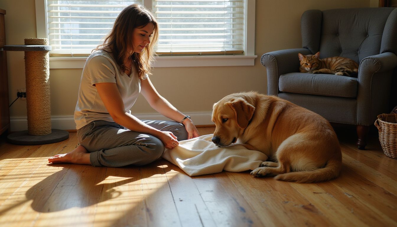 A middle-aged woman kneels on the floor, extending a blanket to her attentive golden retriever while a tabby cat observes.