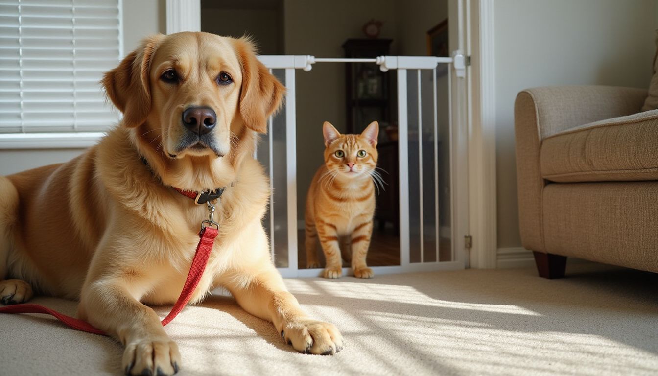 A golden retriever and an orange tabby cat observe each other across a transparent safety gate in a cozy living room.