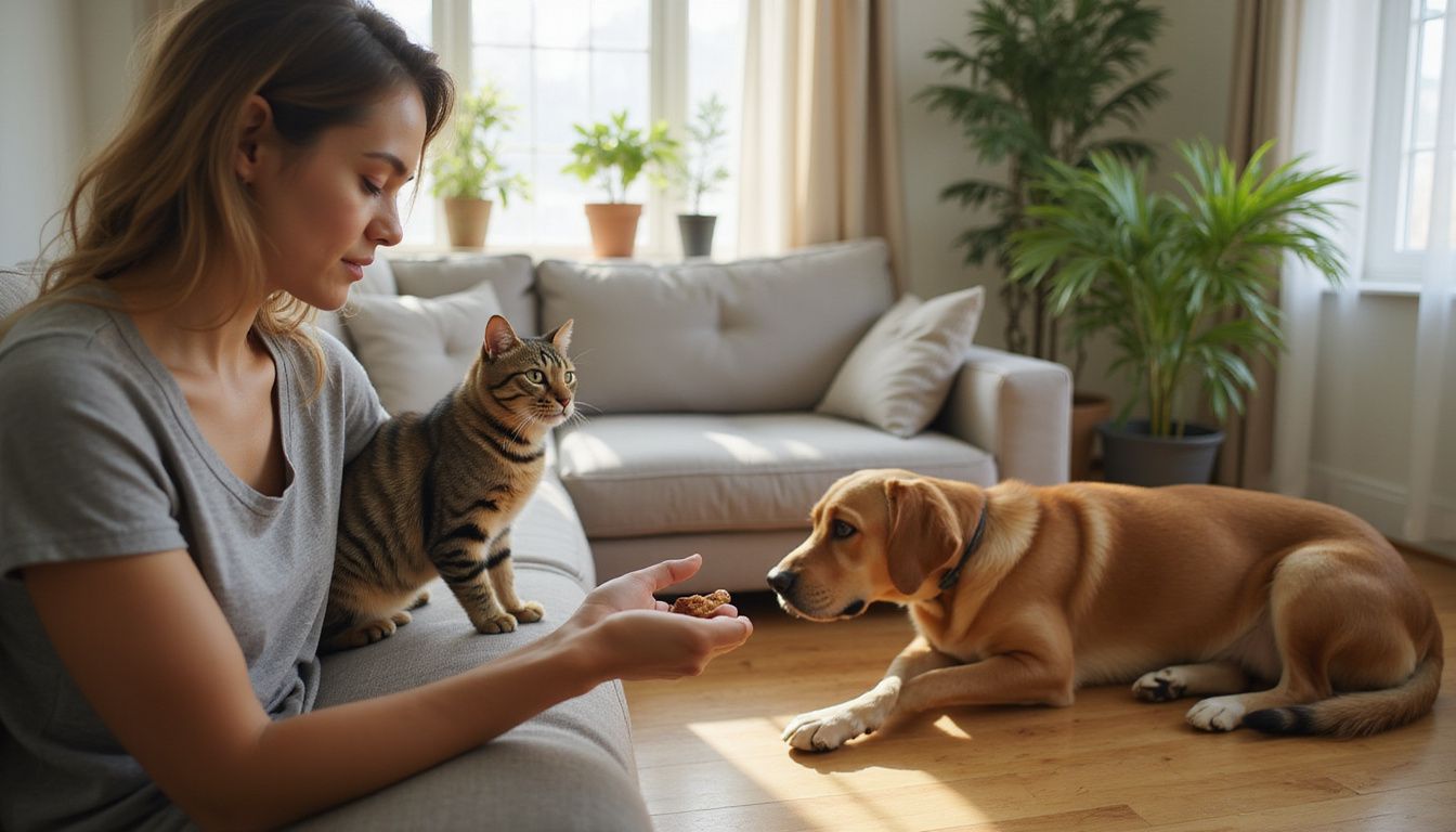 A woman engages with a tabby cat while a golden retriever rests nearby in a cozy living room.