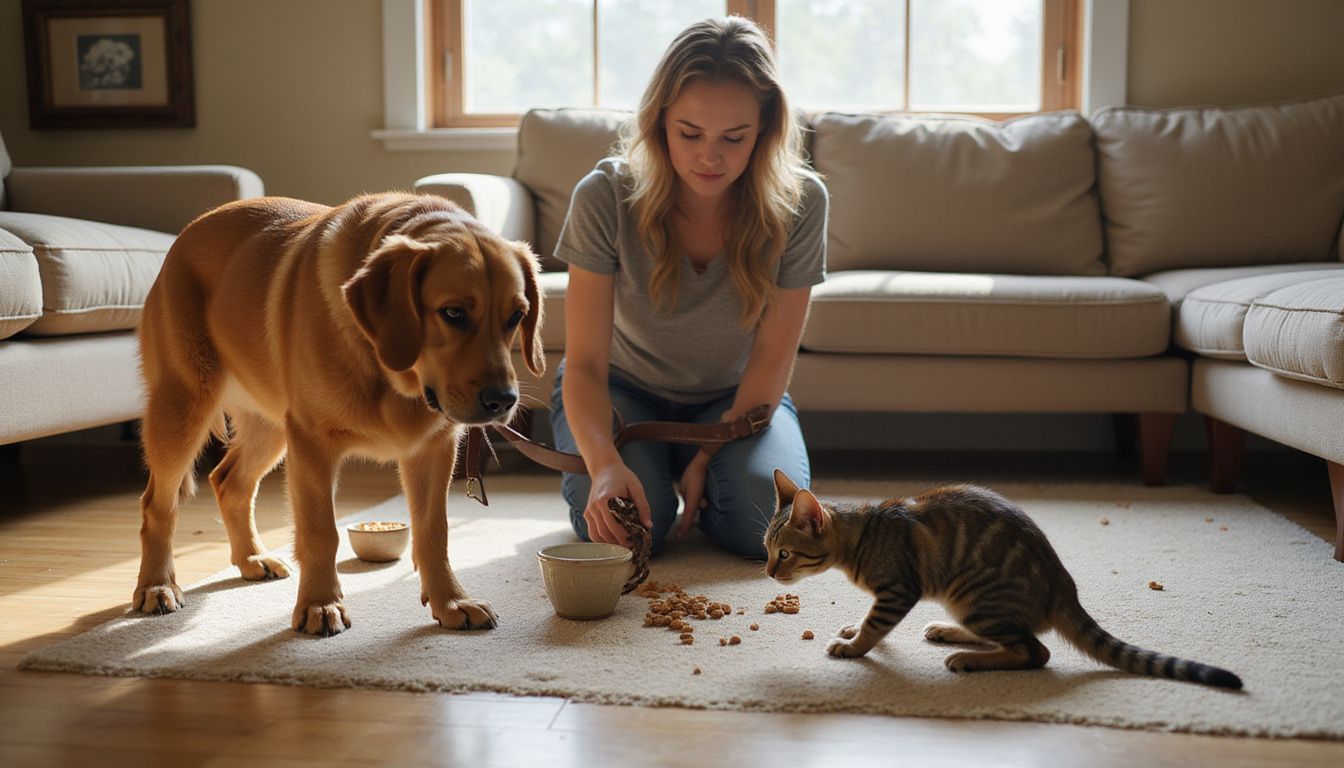 A woman kneels on the floor, attentively managing a golden retriever and a stressed tabby cat.