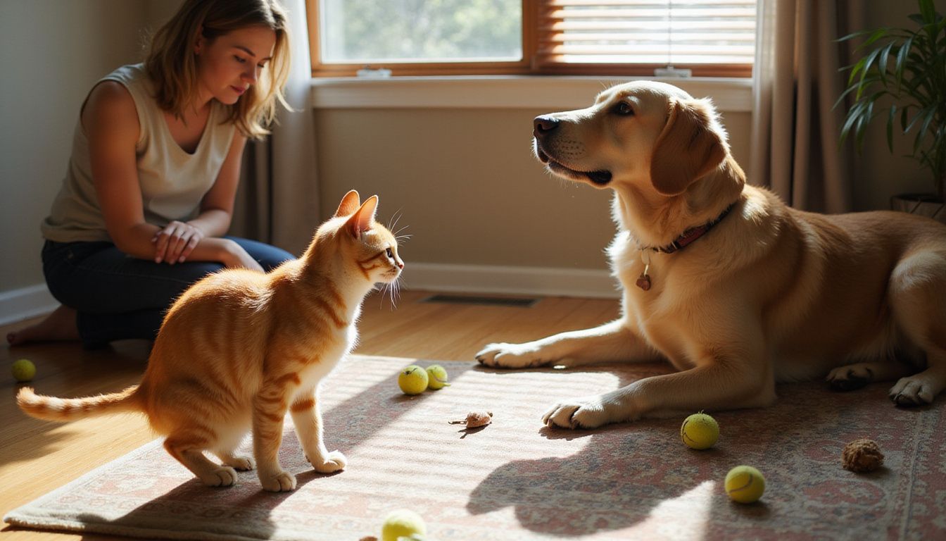 A nervous orange tabby cat faces a calm golden retriever while a focused woman observes their interaction.