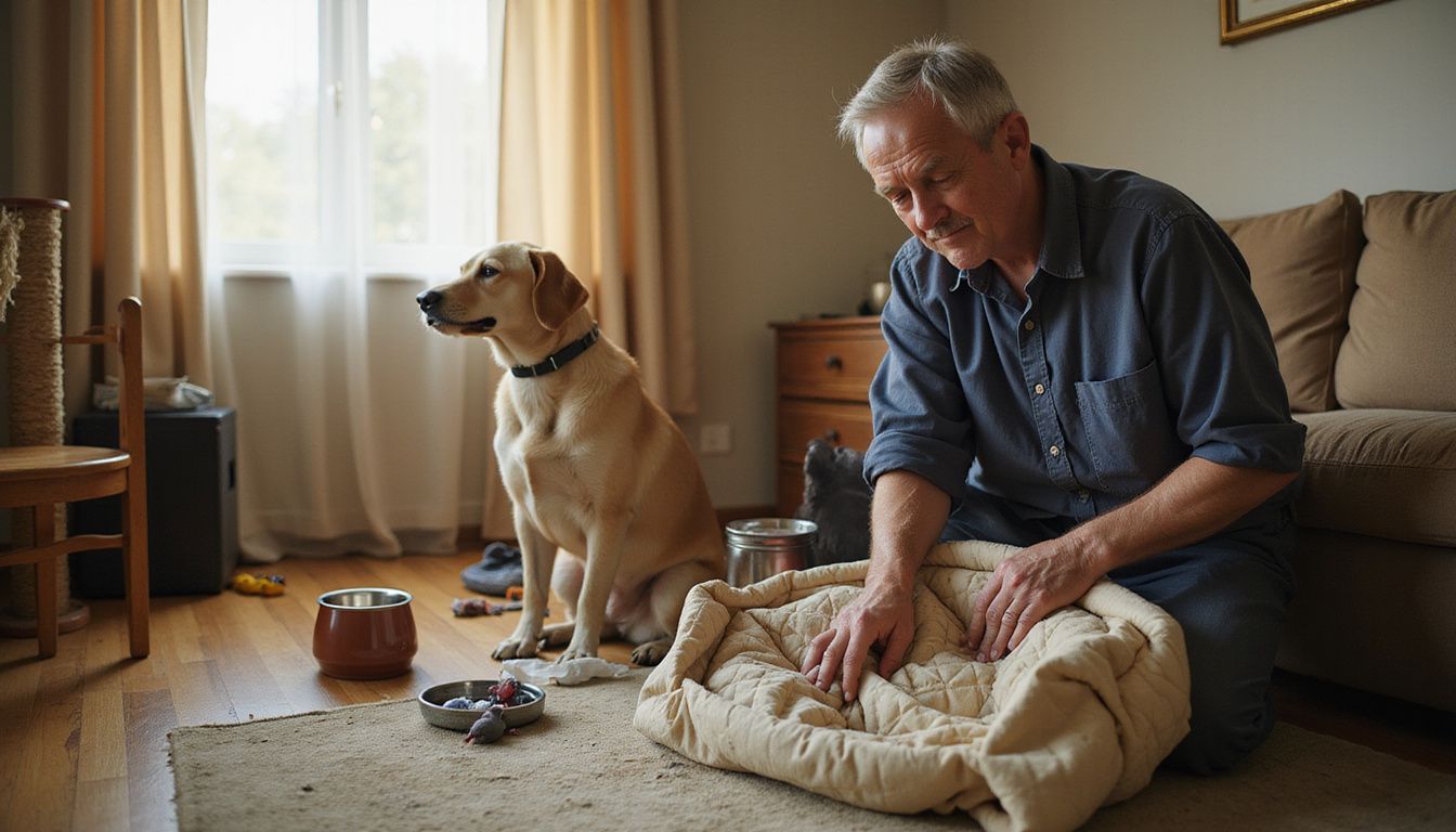 A relaxed person kneels by a pet carrier, preparing a familiar blanket in a cozy, lived-in room.