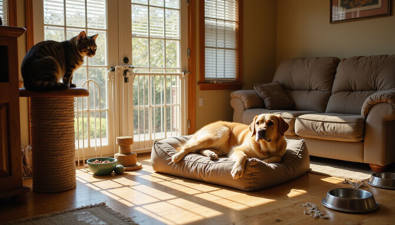 A tabby cat observes a relaxed golden retriever in a lived-in living room filled with pet paraphernalia.