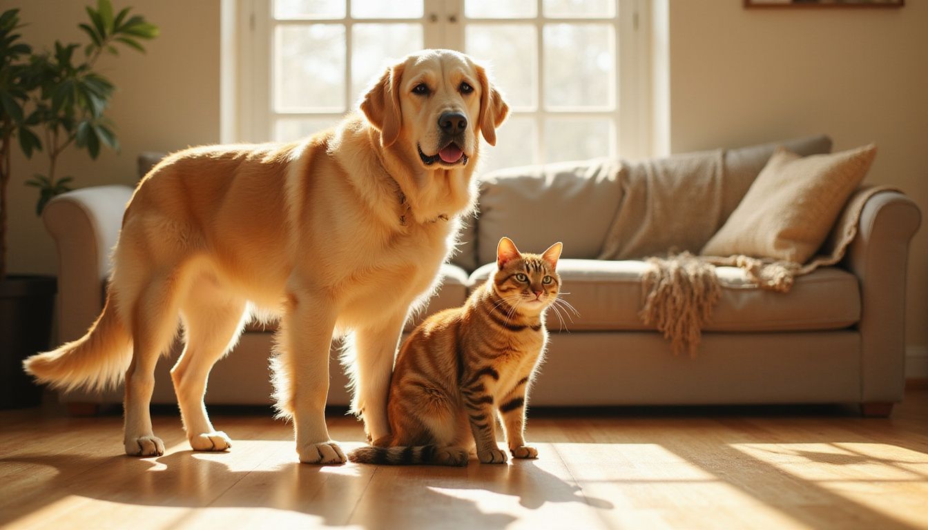 A golden retriever and tabby cat peacefully coexist in a cozy living room, exuding calm and companionship.