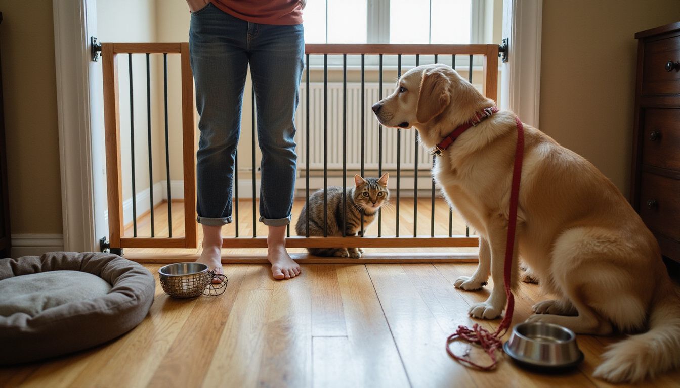 A person stands beside a baby gate, observing a golden retriever and a curious tabby cat in a cozy home.