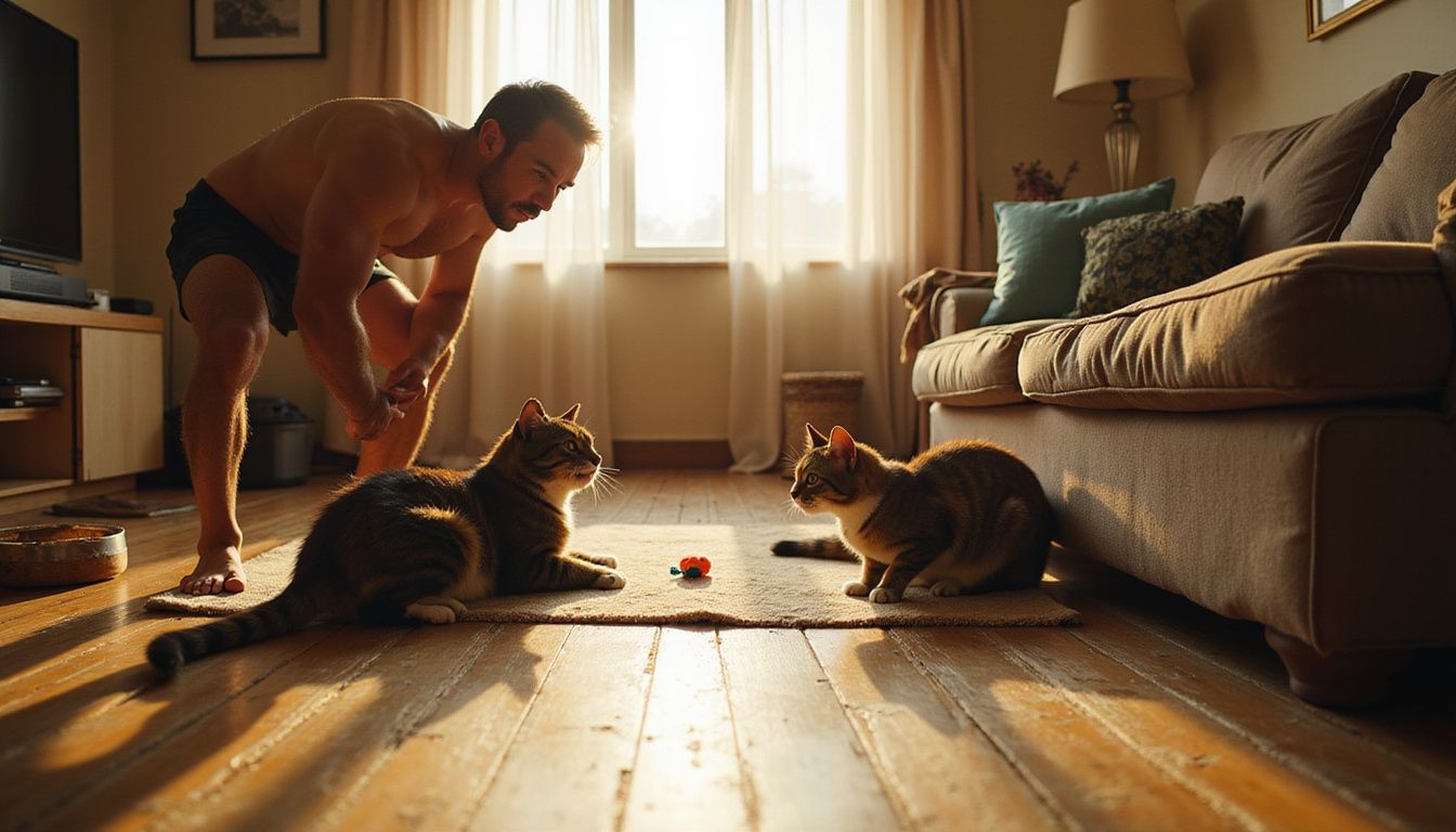 A focused person reaches for a toy to intervene as two tense cats prepare to confront each other on a worn couch.