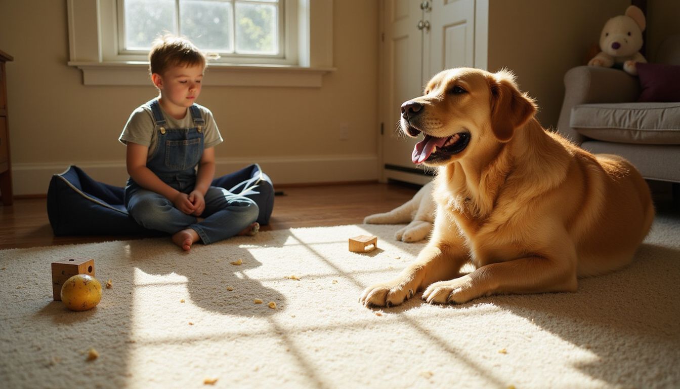 A golden retriever rests peacefully on a carpet while a child sits nearby, focused and calm amidst scattered toys.