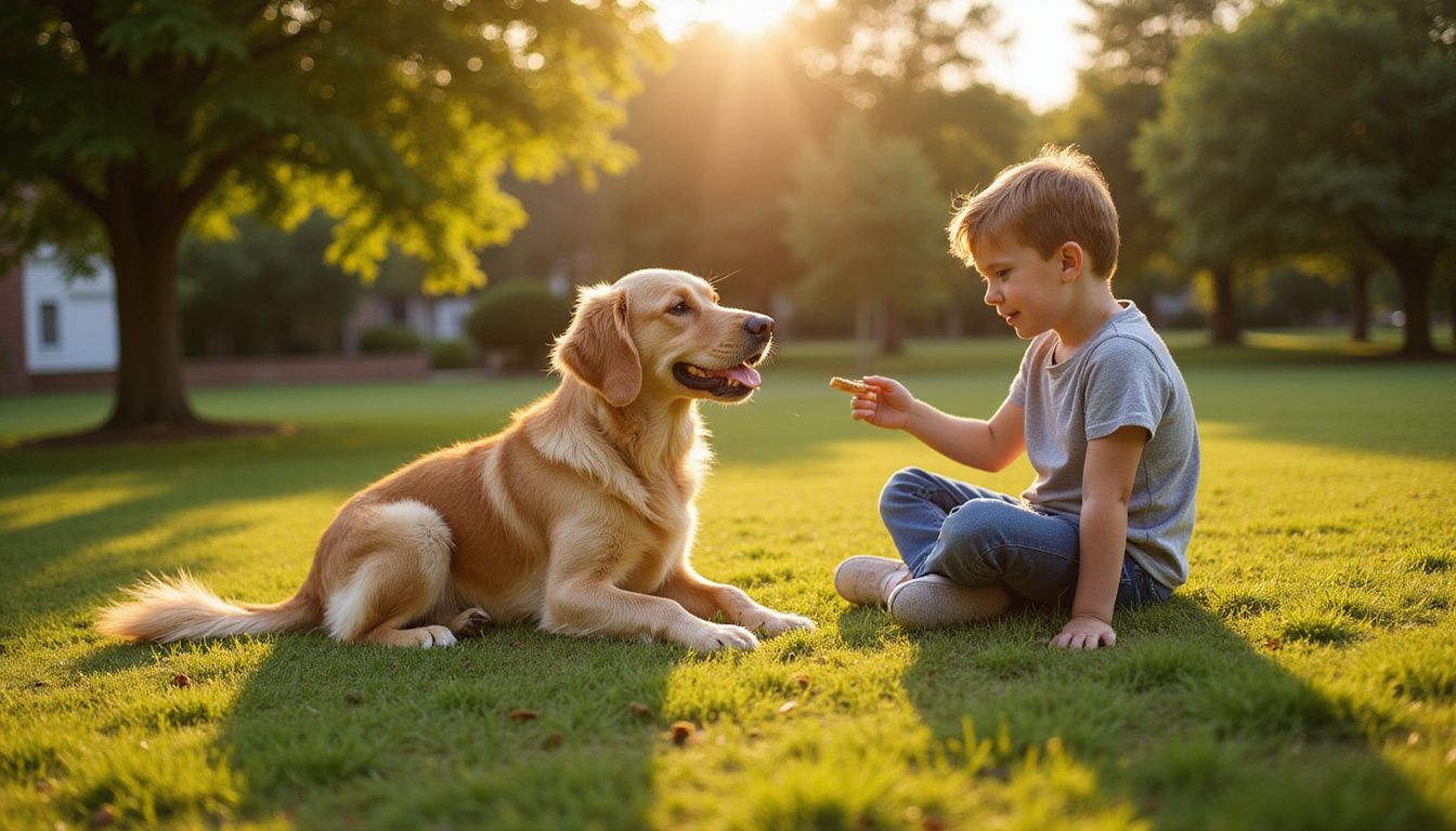 A golden retriever and a child share a moment in a park, focused on a training treat during golden hour.