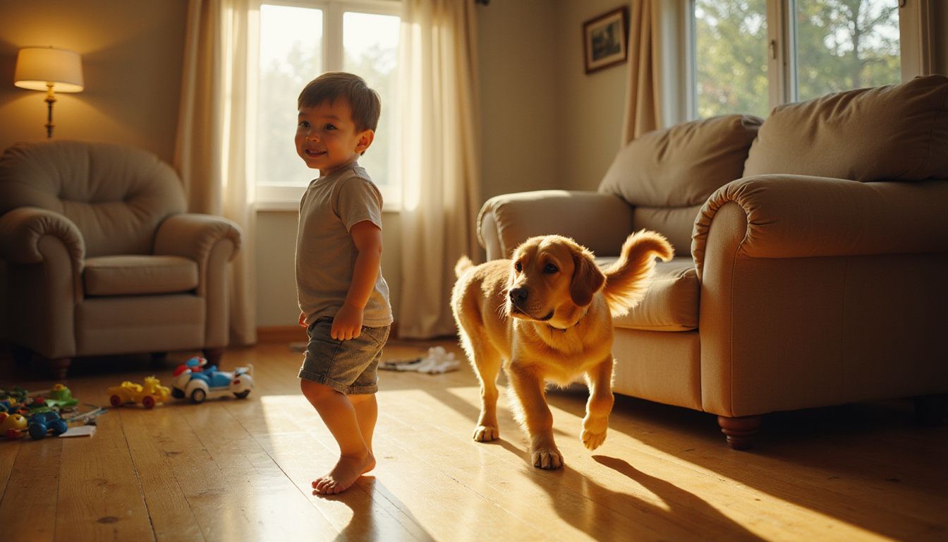 A child walks barefoot across the floor, playfully followed by a golden retriever in a cozy family living room.