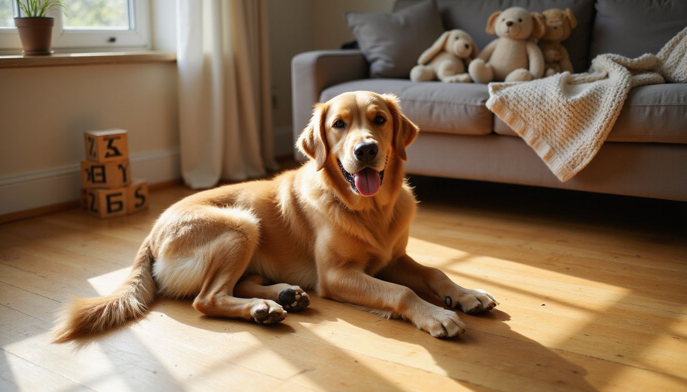 A golden retriever rests on hardwood flooring, showcasing its relaxed demeanor and textured fur amidst a cozy home environment.