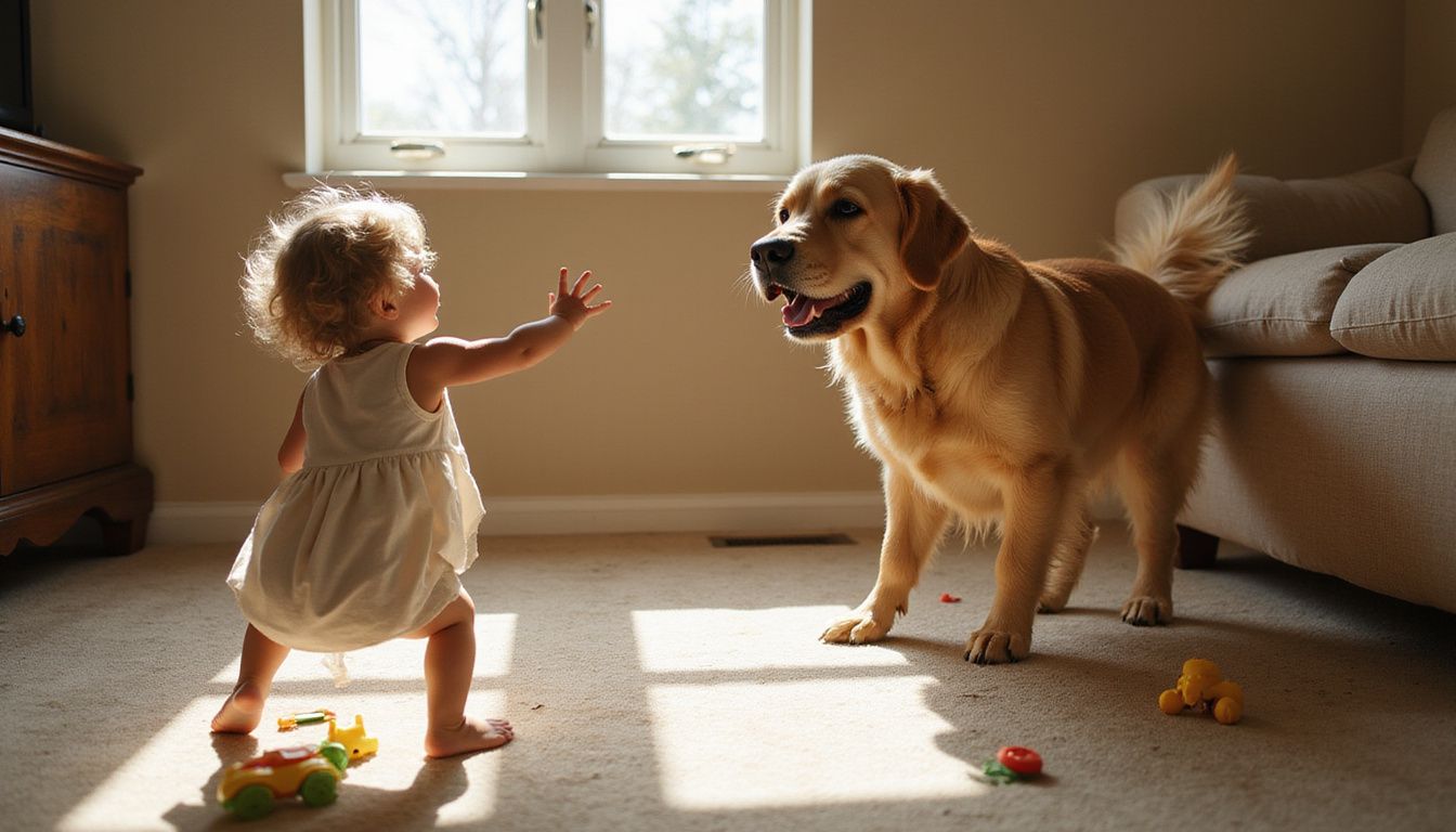 A stressed golden retriever braces for retreat as a young child reaches out towards it.
