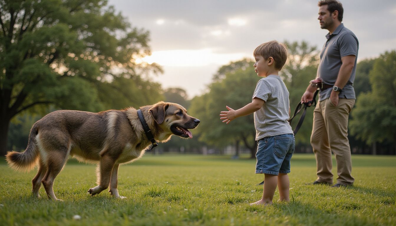 A mixed-breed dog displays anxiety while a curious child cautiously reaches out to it in a suburban park.