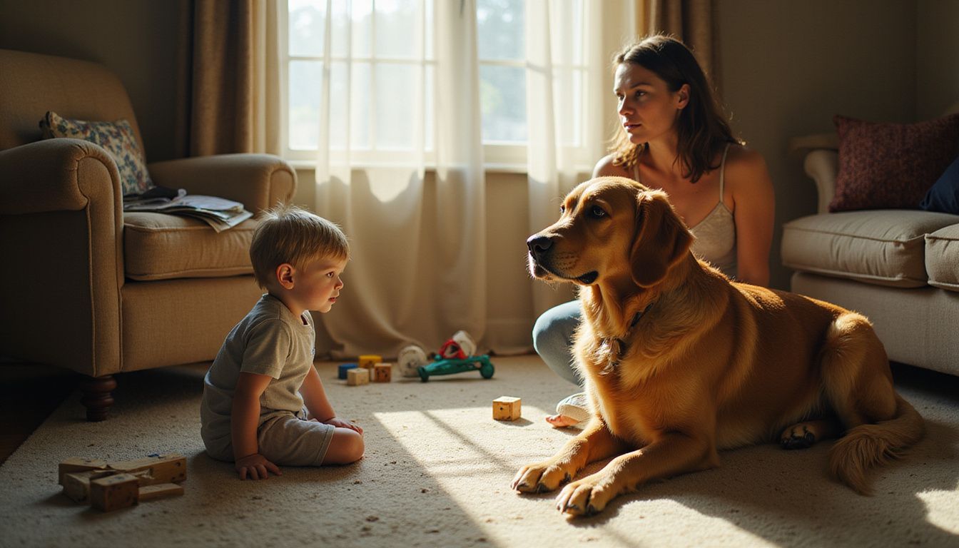 A woman watches a relaxed golden retriever while a child plays quietly nearby, surrounded by toys and a lived-in setting.
